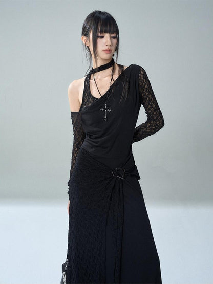 LADYGHOST Black Lace One Shoulder Long Sleeve Women&