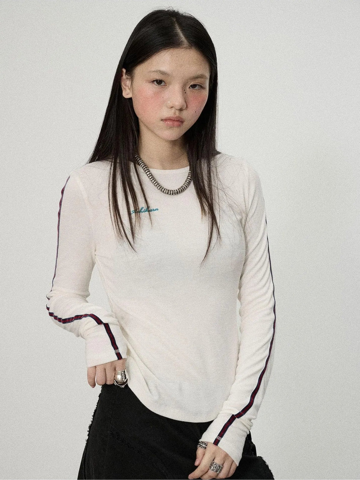 Achihara Striped Velvet Ribbed Long Sleeve V-neck Top