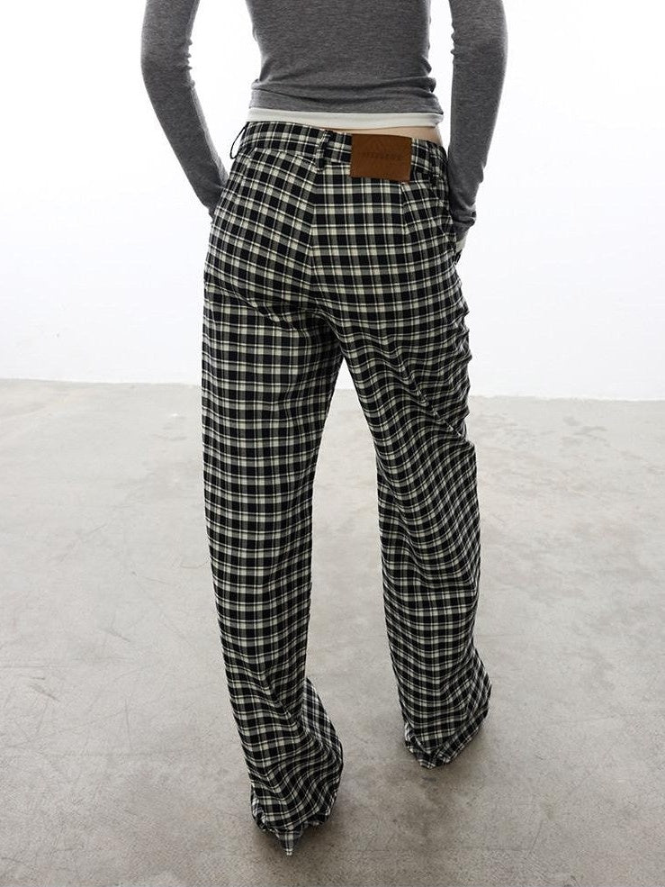 AFTADAWN Plaid Relaxed Mid Rise Natural Waist Pocketed Zip Fly Women&