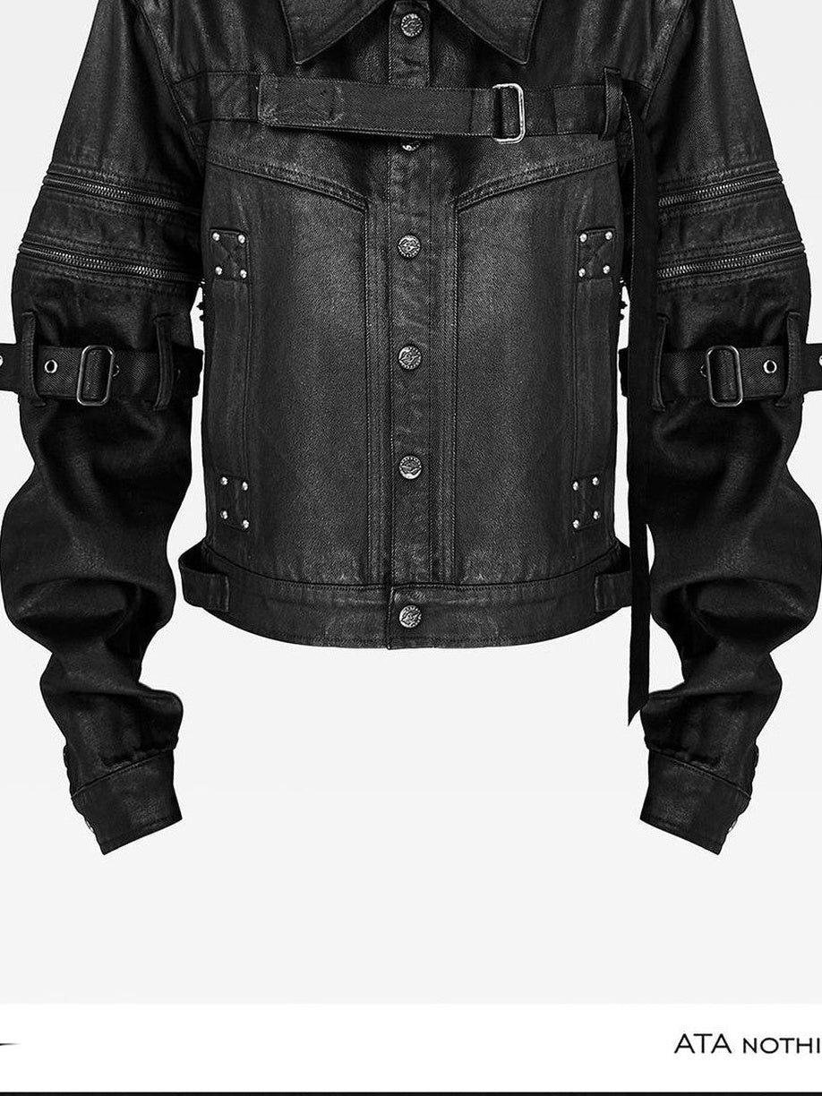 ATAnothingness Dark Detachable Sleeve Lace Up Waxed Denim Women&