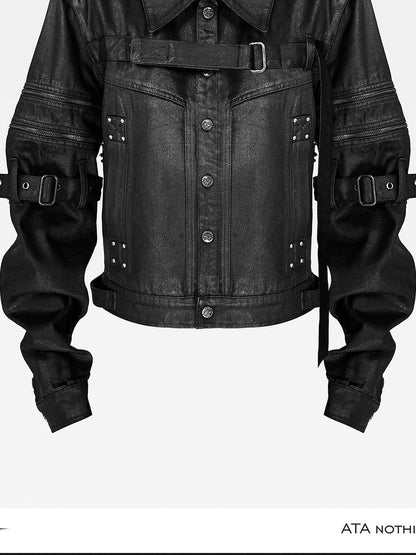 ATAnothingness Dark Detachable Sleeve Lace Up Waxed Denim Women&