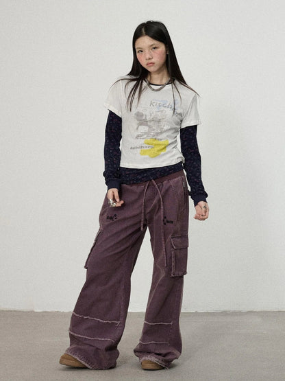 Achihara Two Piece Knit Set With Floral Print V-neck T-shirt Long Sleeve