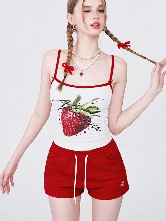AFTADAWN Strawberry Print Cropped Slim Women&