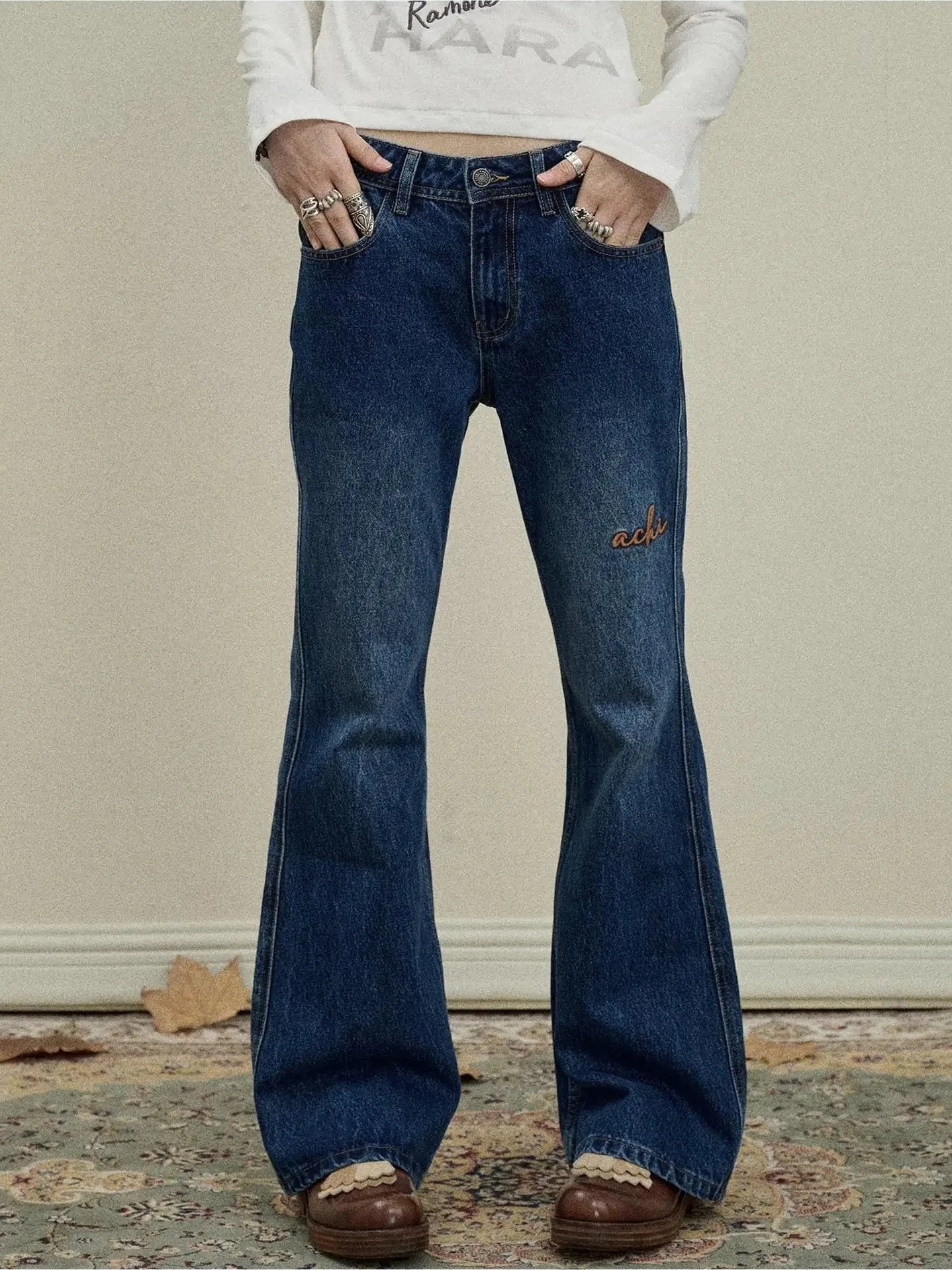 Achihara Embroidered Flared Jeans Distressed Denim Trousers