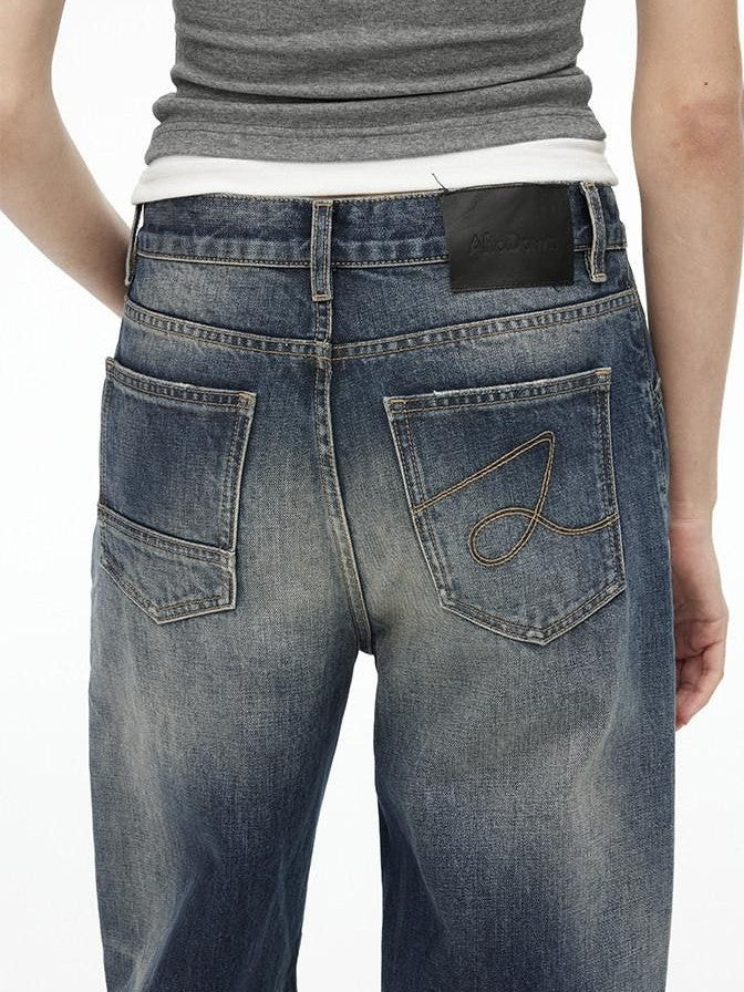 AFTADAWN Deep Blue Washed Low Waist Loose Straight Curved Leg Women&