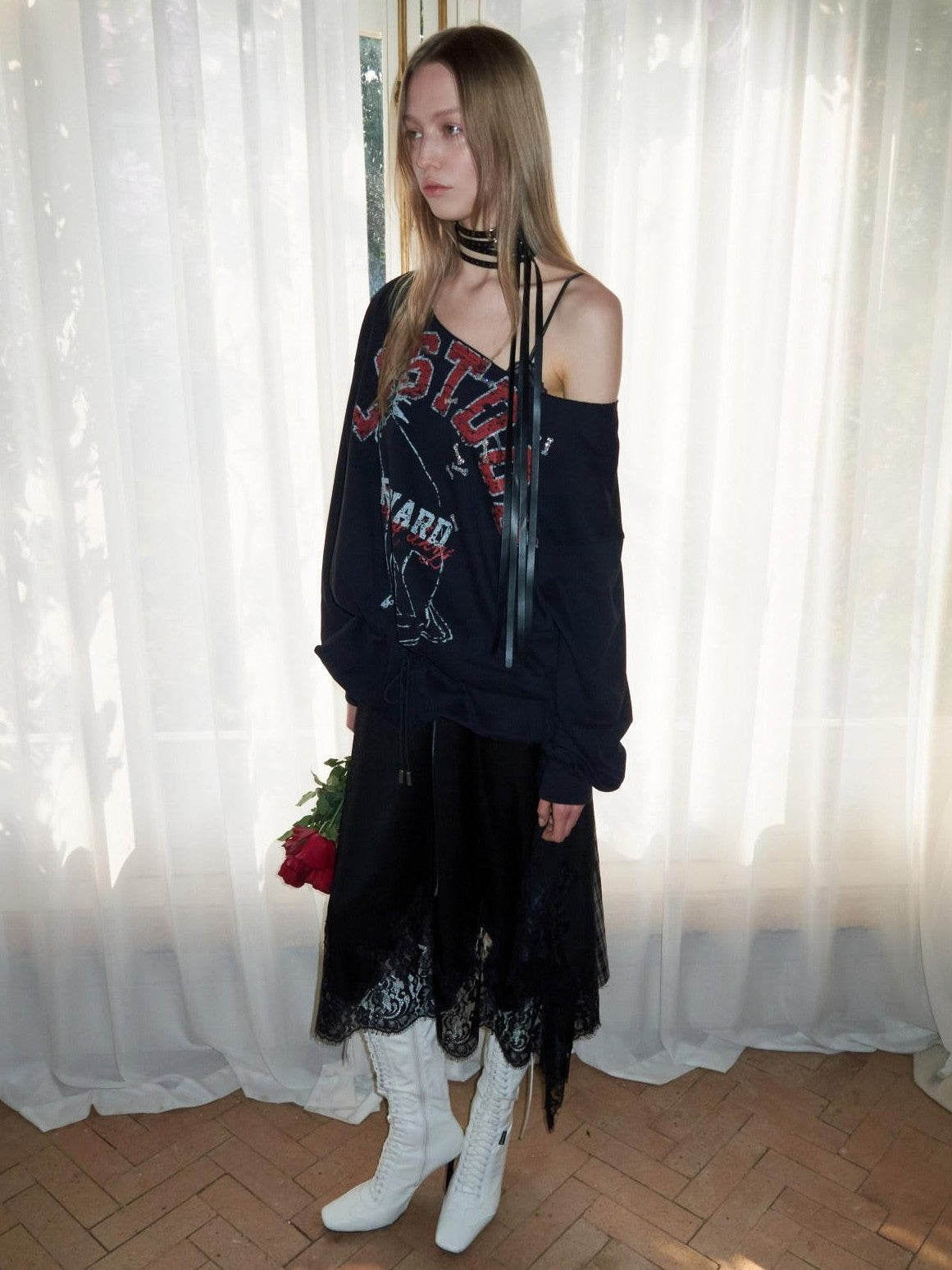 1JINN STUDIO Animal Print Letters Asymmetric Shoulder Drawstring 3d Floral Women&