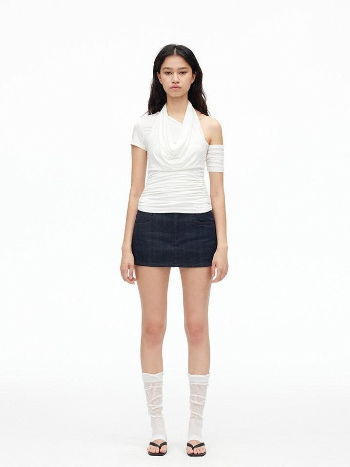 AFTADAWN Solid Ruched Halter Slanted Shoulder Women&