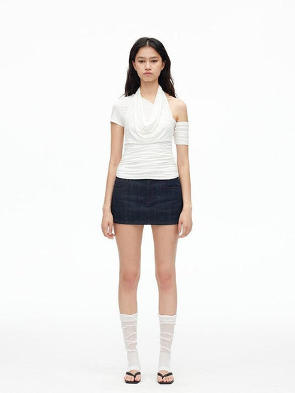 AFTADAWN Solid Ruched Halter Slanted Shoulder Women&