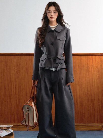 7Shiftin Lace Waistband Lapel Relaxed Korean Vintage Women&