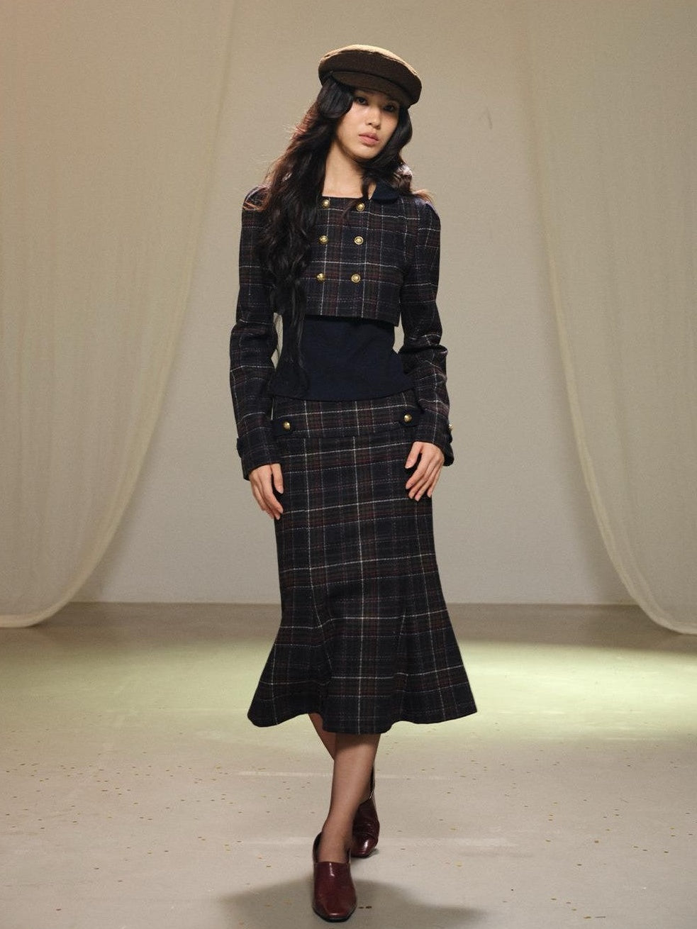 lvetong Plaid Wool Blend Cropped Jacket Long Sleeve Fishtail Skirt Women&