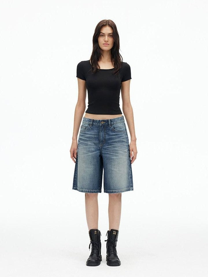 AFTADAWN Deep Blue Vintage Washed Distressed 3d Whisker Women&