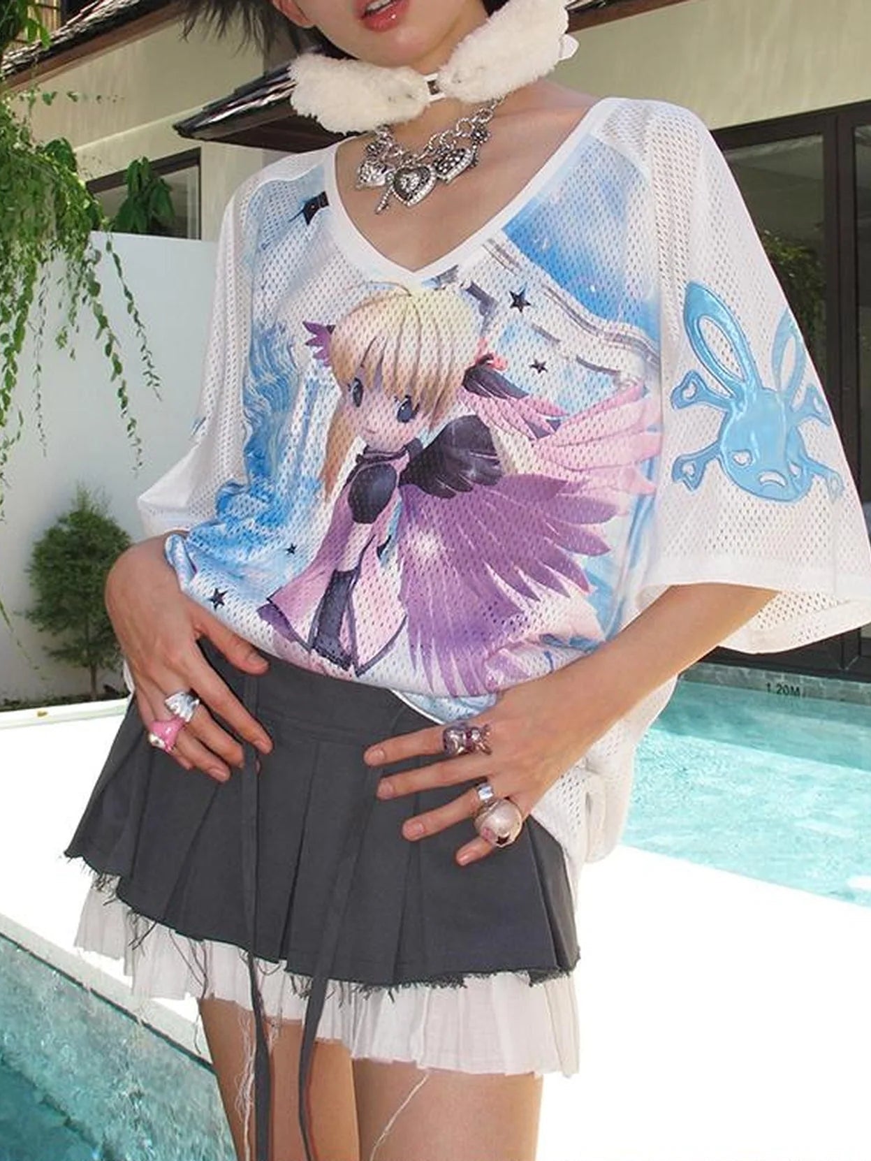 CFIERCE Angel Graphic Relaxed Tee V Neck T Shirt Long Sleeve