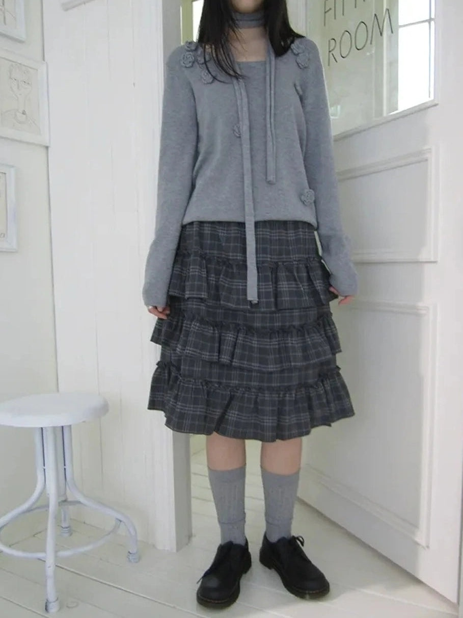 ang project Vintage Gray Layered Gingham Ruffle Hem Skirt Skirt