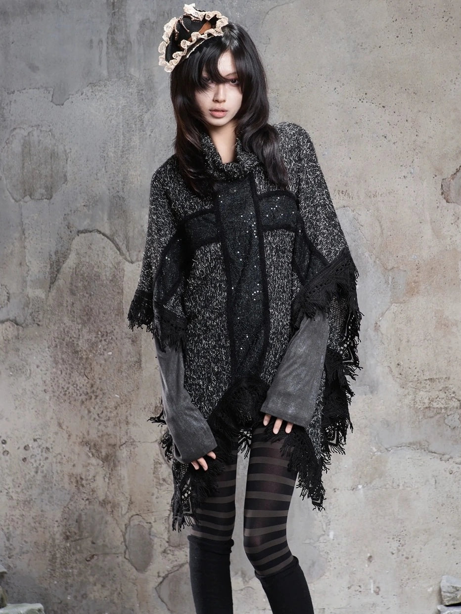 ARIADNAw Vintage Punk Cross Cape With Fringe Cardigan