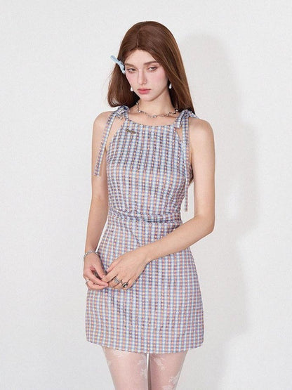 AFTADAWN Grapevine Plaid Halter Tie Ruched Women&