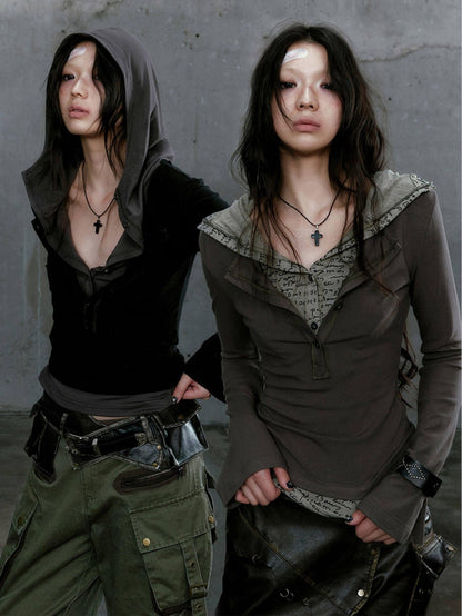 Cest Nous Gray Green Patchwork Layered Faux Two Piece Punk Women&