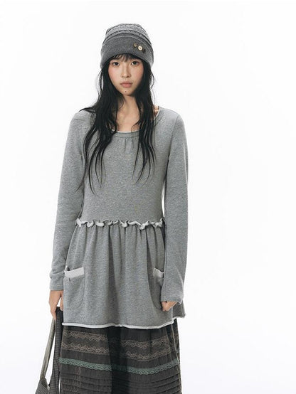 NAPSNAPS Rolled Edge Raw Hem Long Sleeve Round Neck Women&