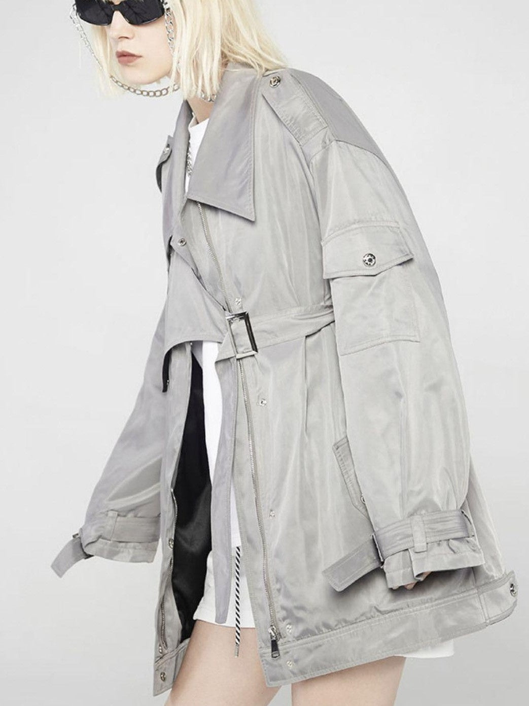 ANYQUESTION Gray Deconstructed Utility Patchwork Midlength Street Women&