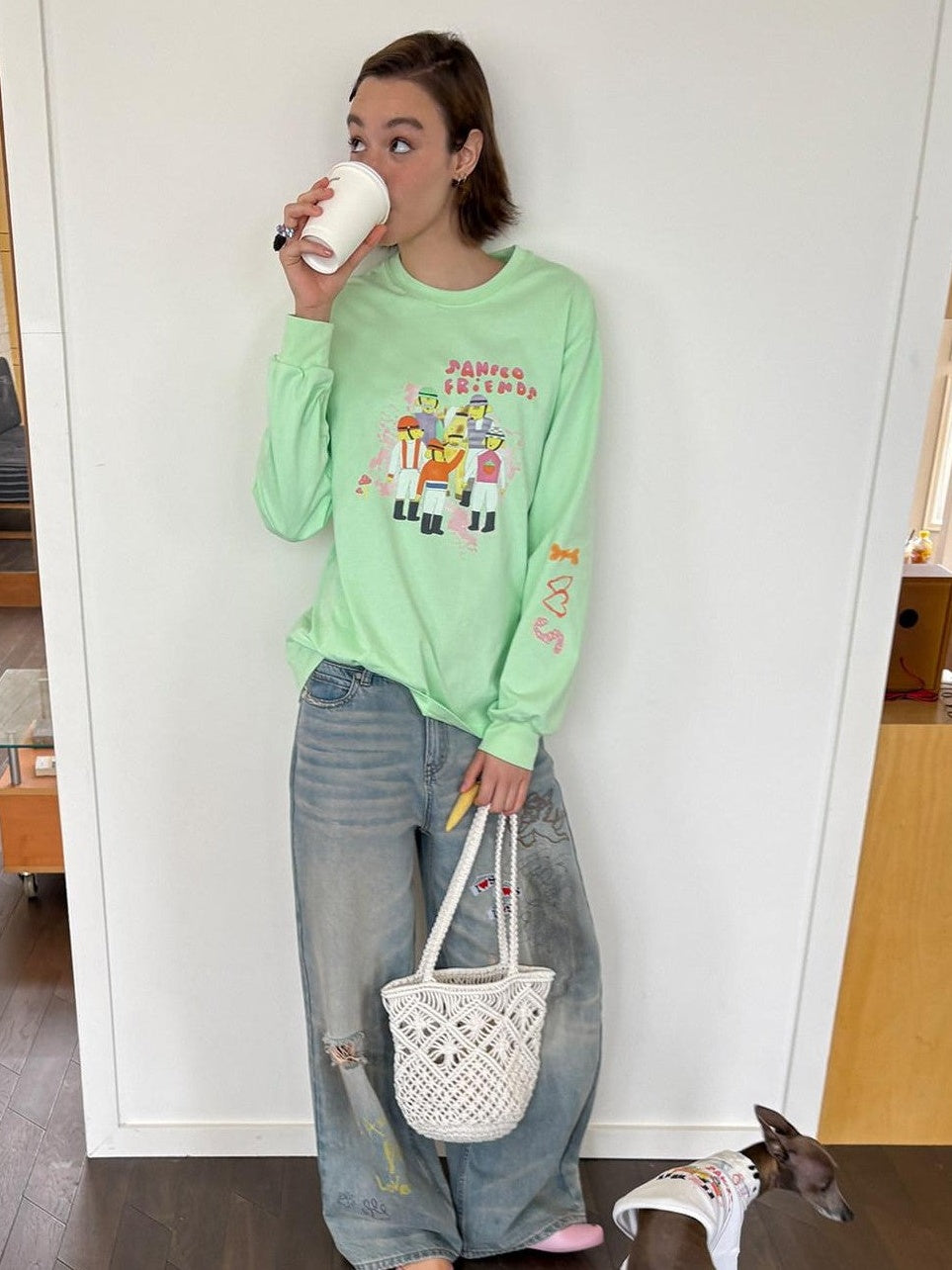 sancco house Green Printed Crewneck Loose Casual Women&