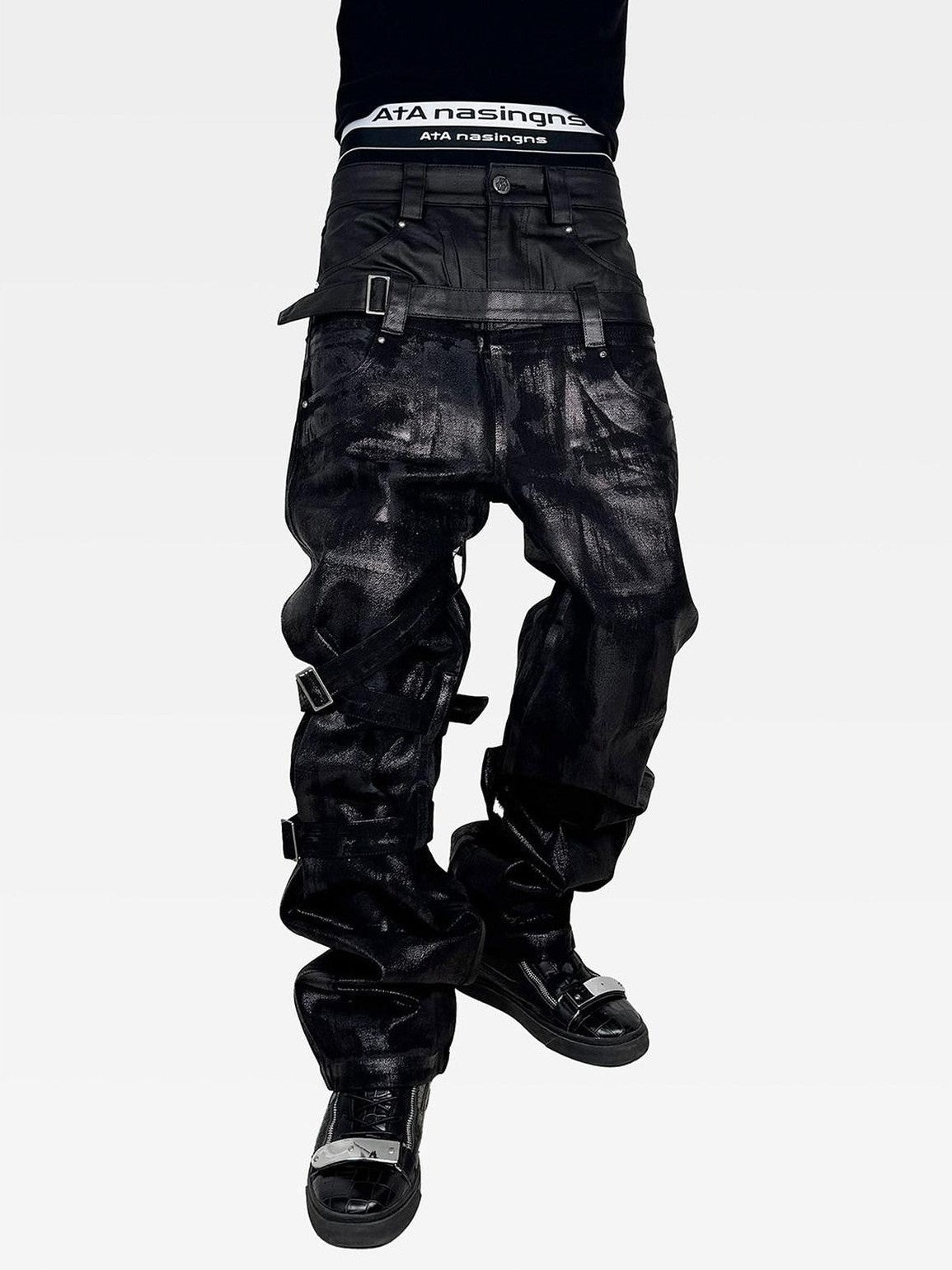 ATAnothingness Hand Waxed Metal Foil Double Waist Contrast Tie Women&