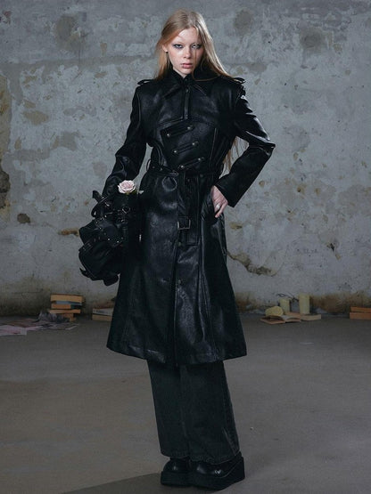 Cest Nous Asymmetric Deconstructed Waist Cinched Long Sleeve Pu Leather Women&