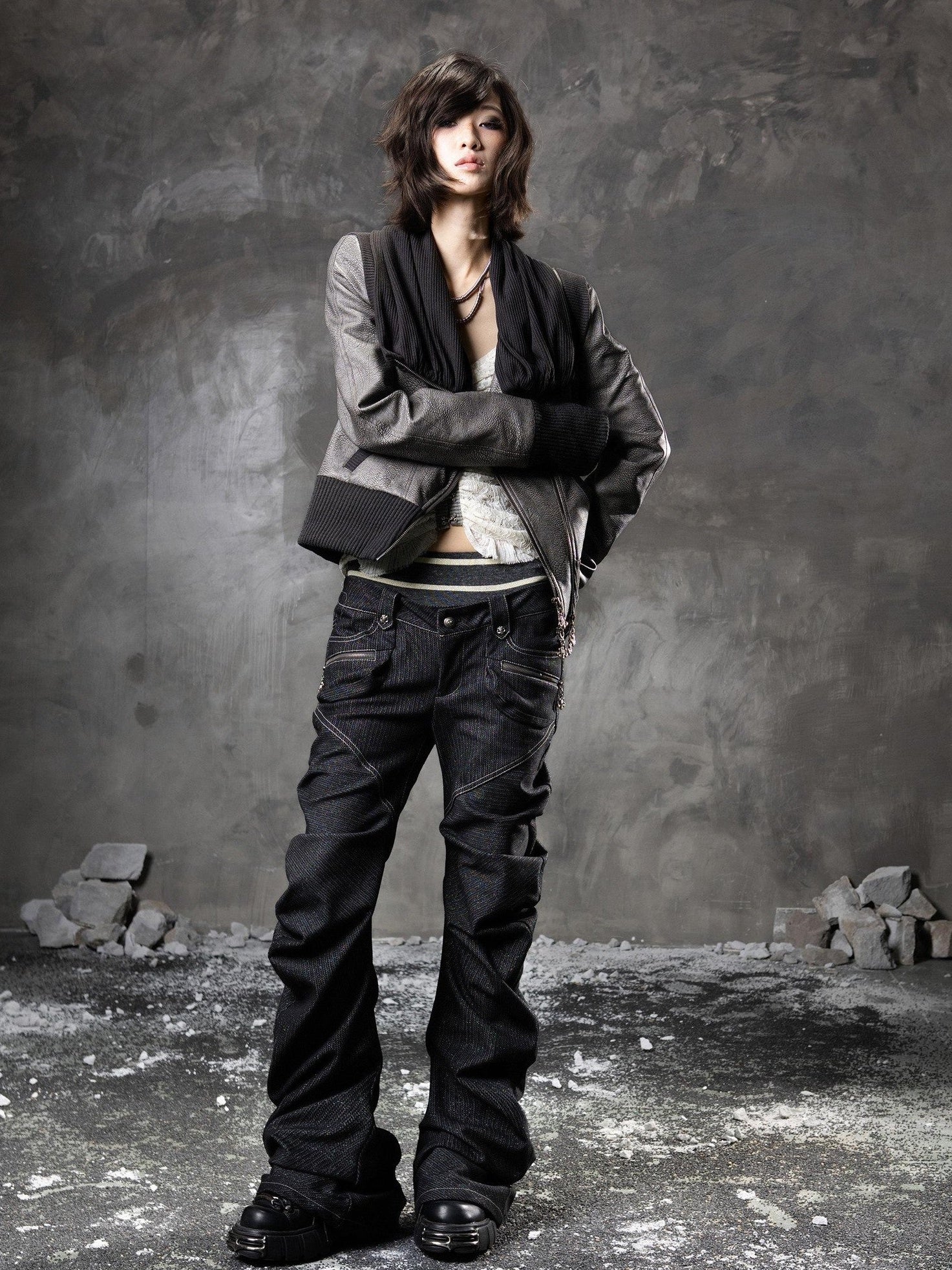 ARIADNAw Black Denim Punk Double Waistband Curved Stacked Texture Women&