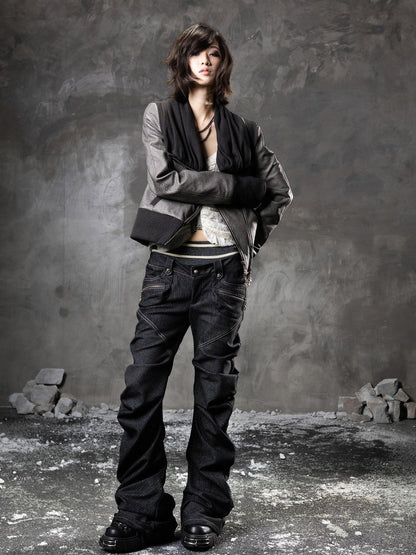 ARIADNAw Black Denim Punk Double Waistband Curved Stacked Texture Women&