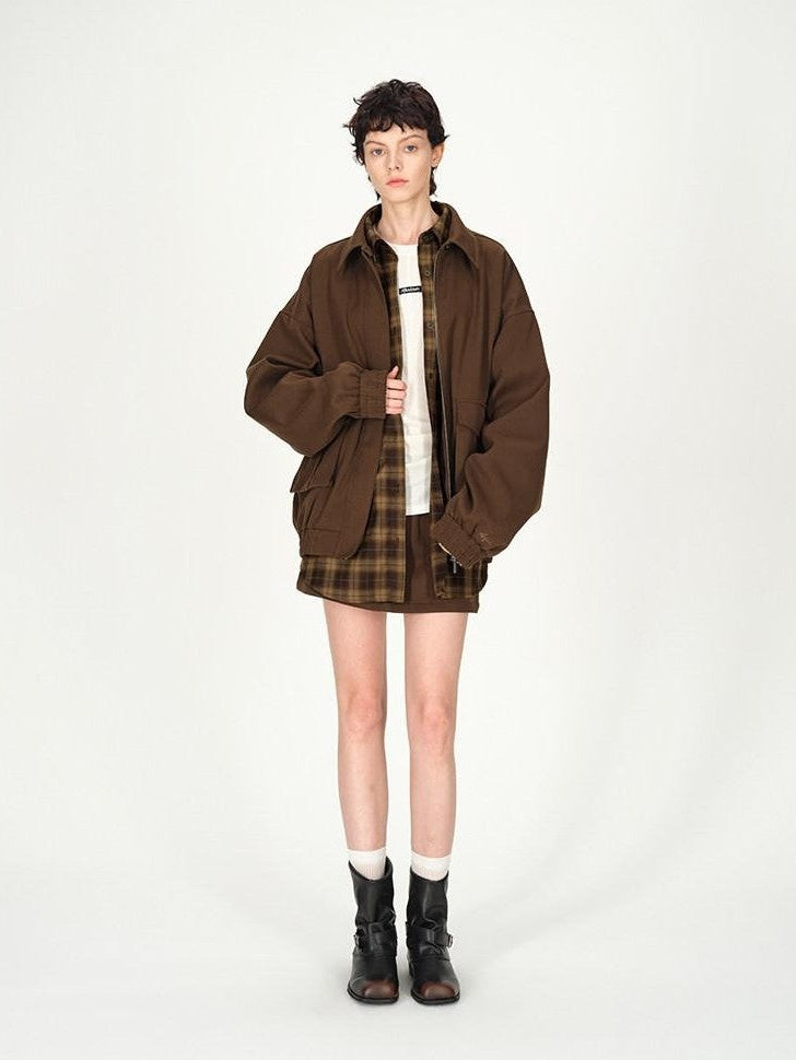 AFTADAWN Brown Lapel Double Zip Pockets A Line Women&