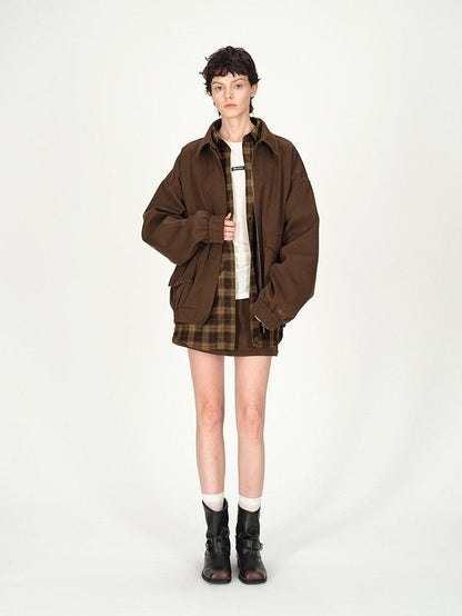 AFTADAWN Brown Lapel Double Zip Pockets A Line Women&