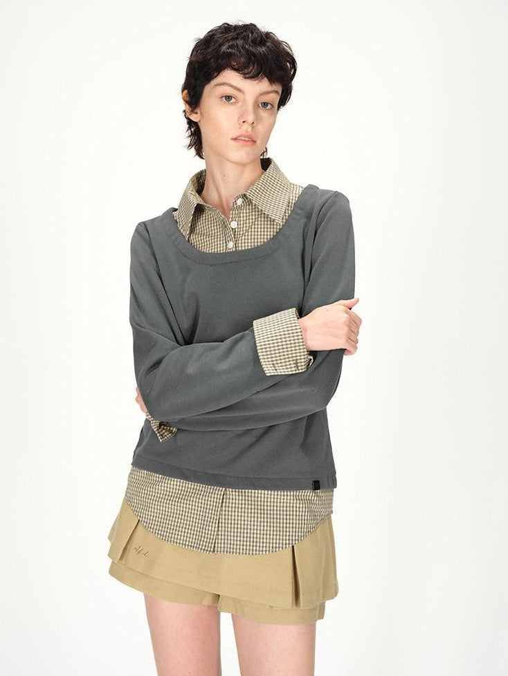 AFTADAWN Grey Plaid Spliced Faux Two Piece Polo Women&