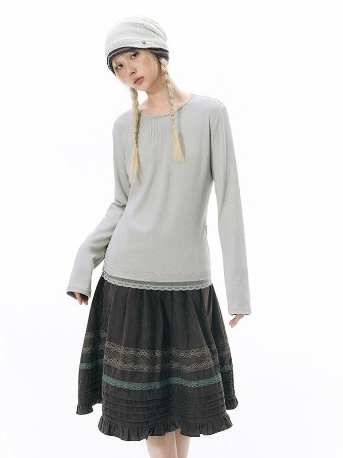 NAPSNAPS Lace Trim Splice Knit Round Neck Women&