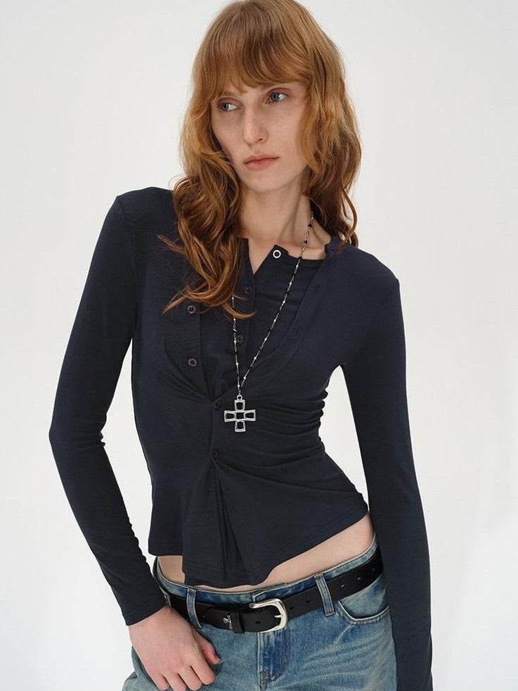 AFTADAWN Irregular Button Placket Faux Layered Women&