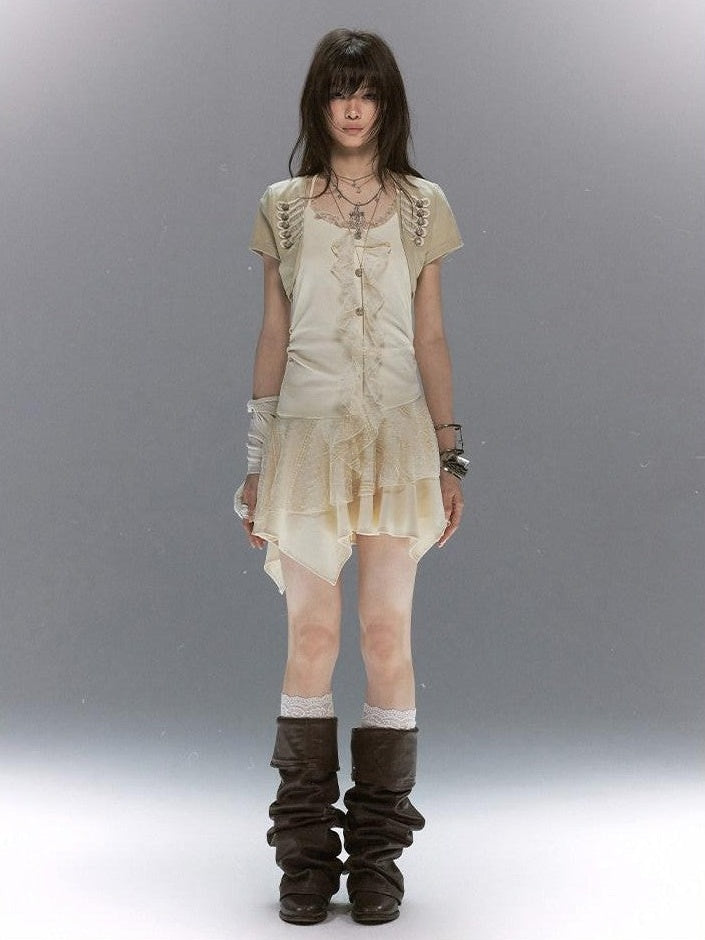 Cest Nous Lace Ruffle Napoleon Collar Braided Buttons Women&