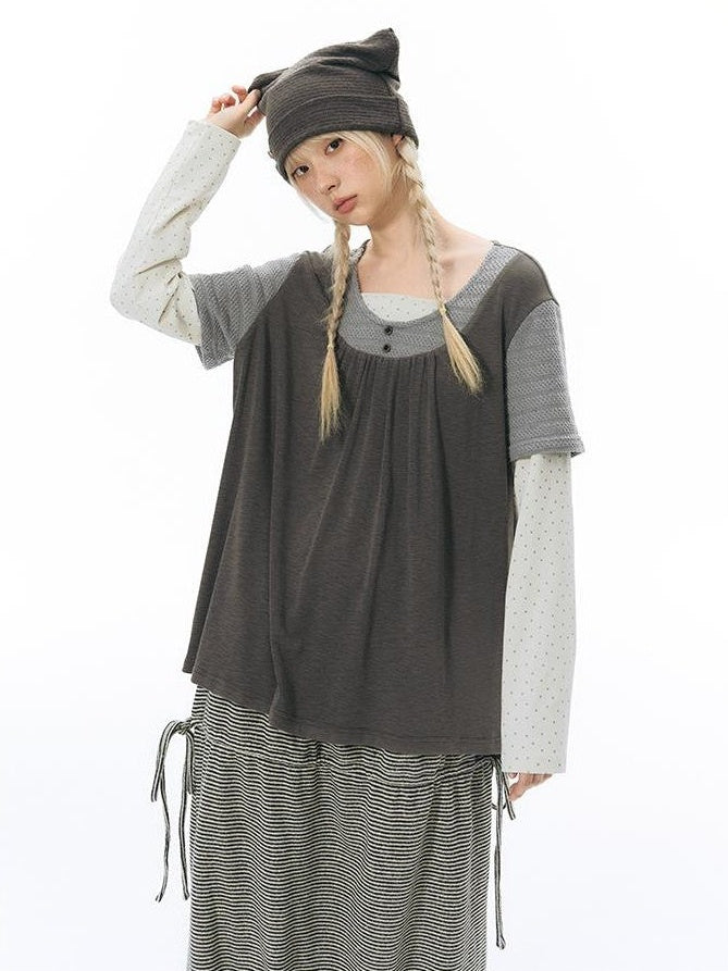 NAPSNAPS Vintage Spliced Faux Layered Round Neck Women&