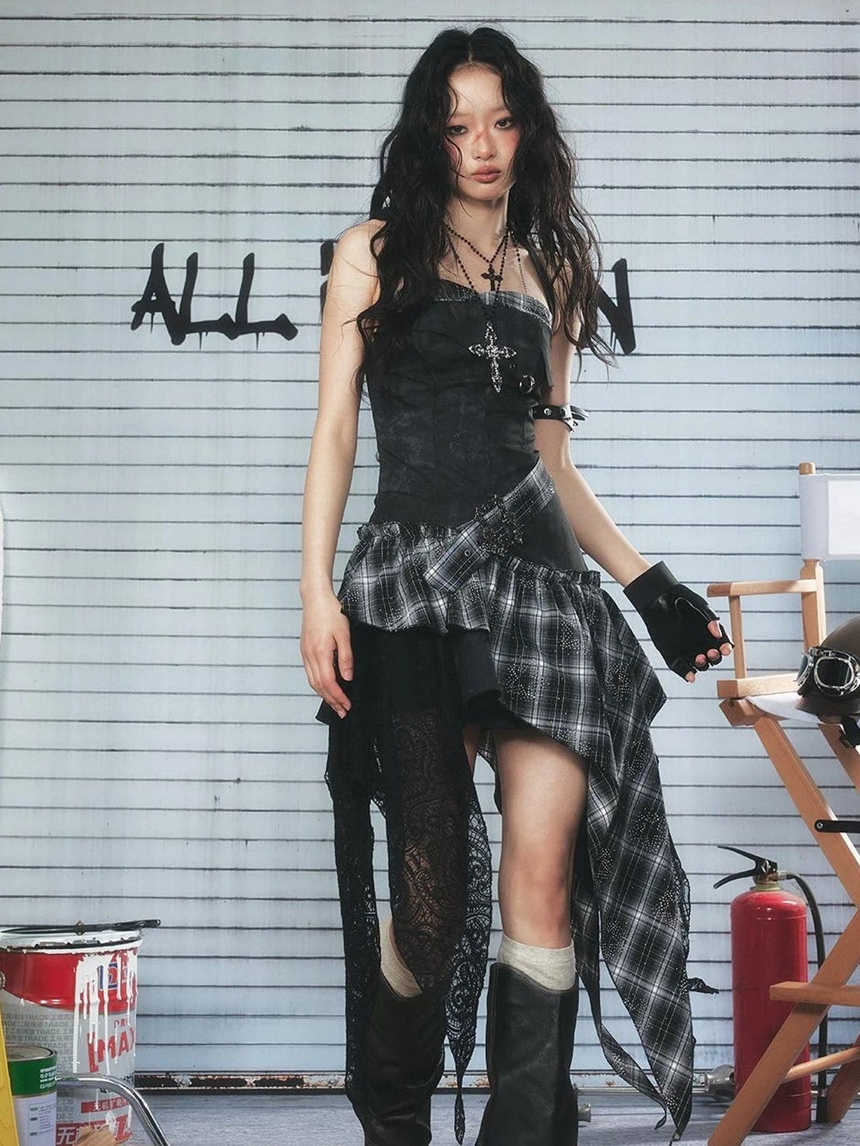 ALL iN plan Lace Checkered Asymmetric Hem Belted Dress