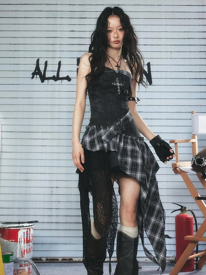 ALL iN plan Lace Checkered Asymmetric Hem Belted Dress