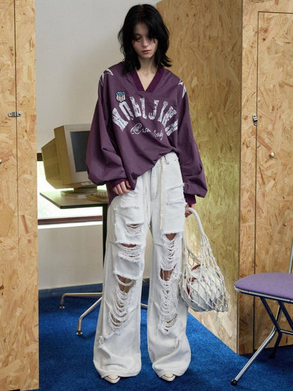 1JINN STUDIO Letter Print V-neck Plaid Loose Jersey Women&