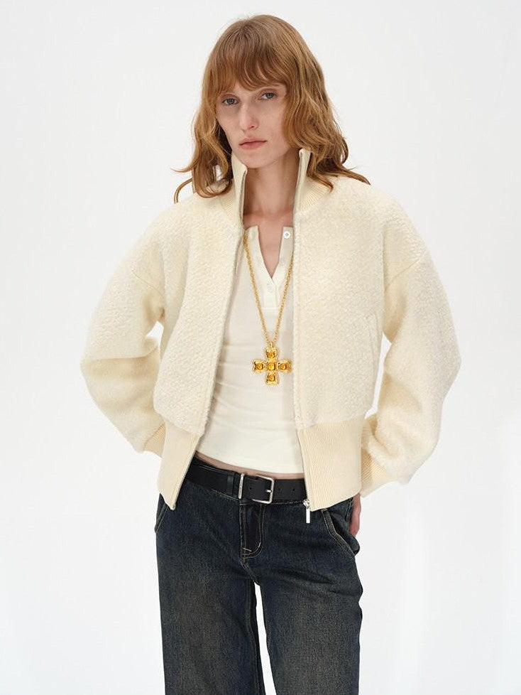 AFTADAWN Ivory Ribbed Knit Zip Stand Collar Women&