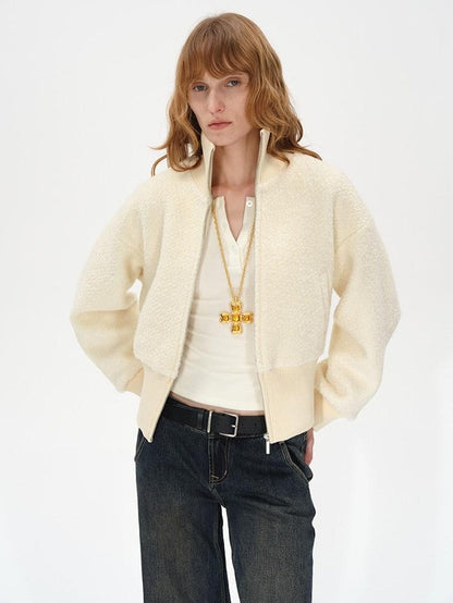 AFTADAWN Ivory Ribbed Knit Zip Stand Collar Women&