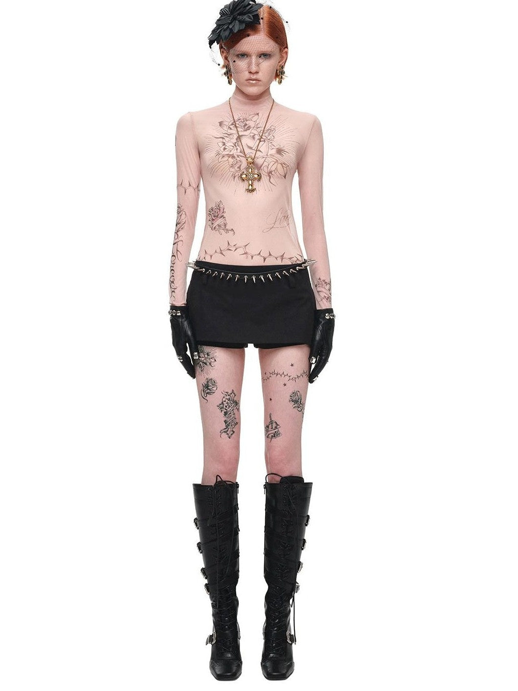 1JINN STUDIO Sheer Tattoo Print Slim Fit Women&