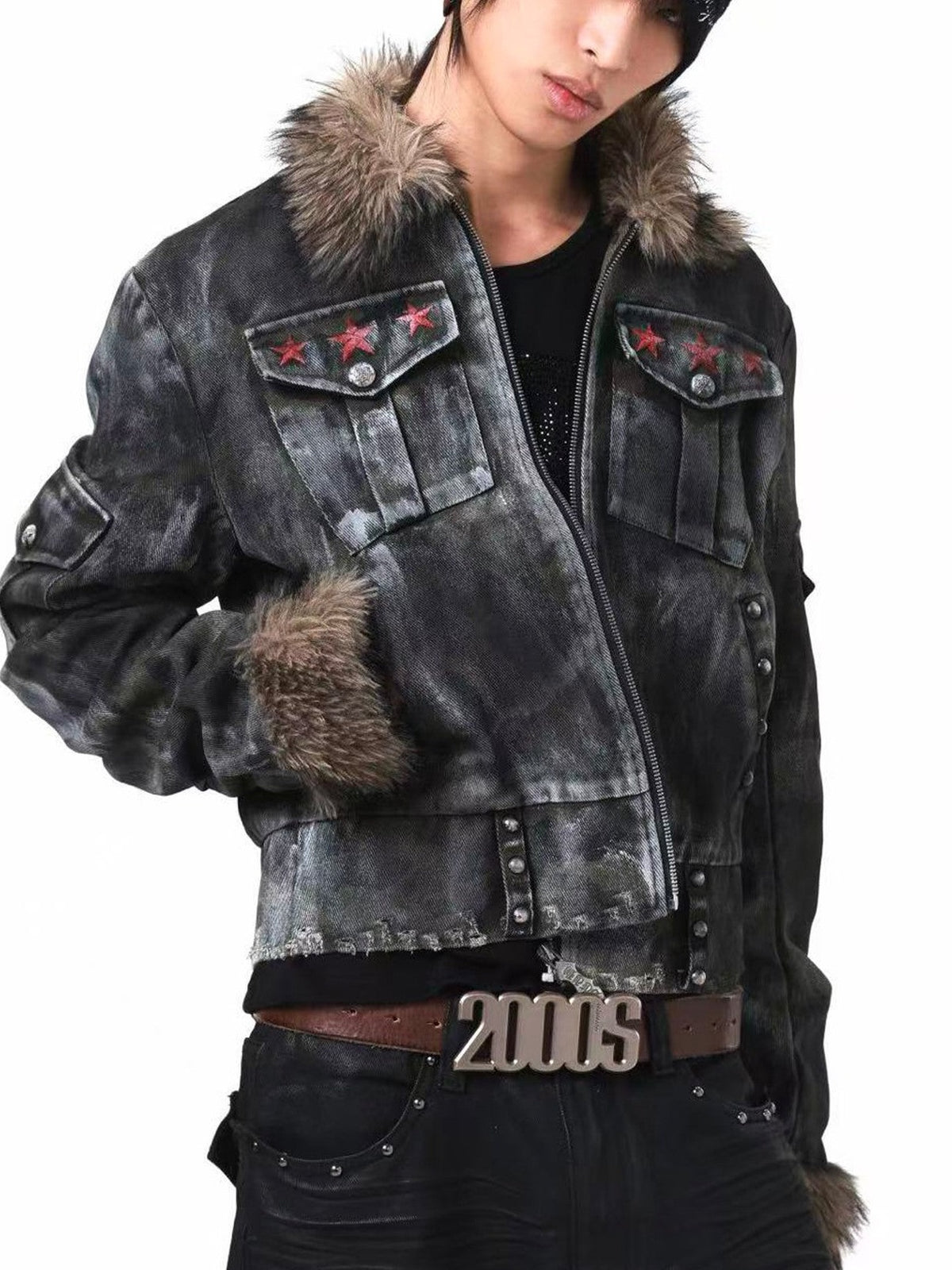 DETW onLine Frosted Camo Distressed Studded Fur Collar Women&