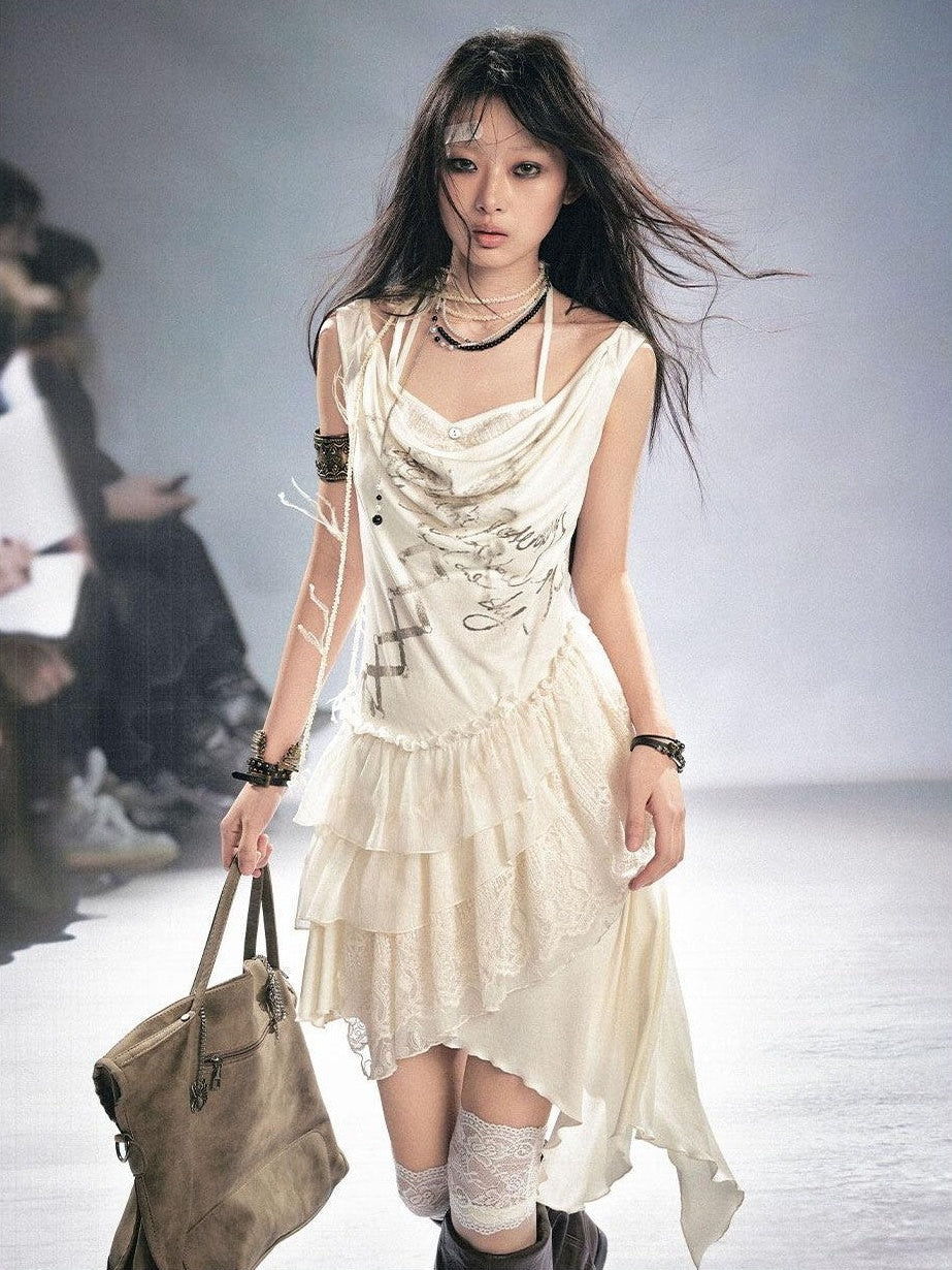 Cest Nous Beige Ruffle Lace Up Printed Spliced Lace Women&