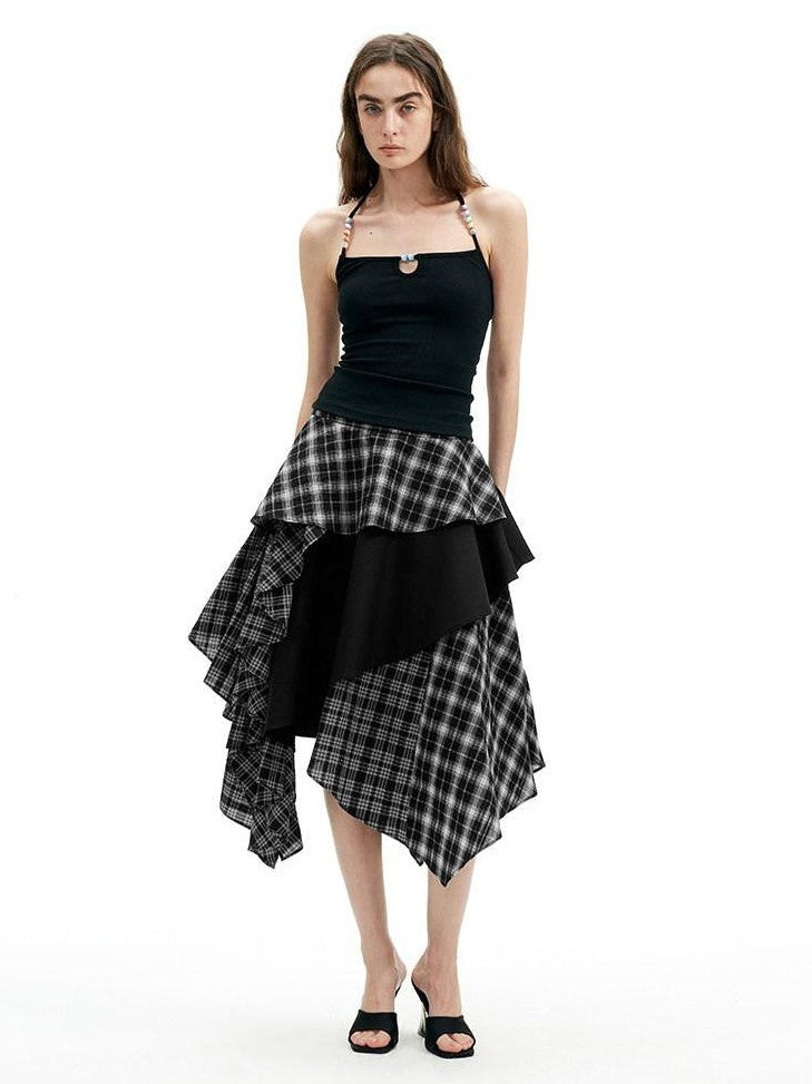 AFTADAWN Black White Plaid Patchwork Irregular A Line Women&
