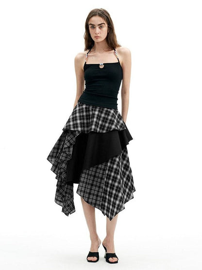 AFTADAWN Black White Plaid Patchwork Irregular A Line Women&