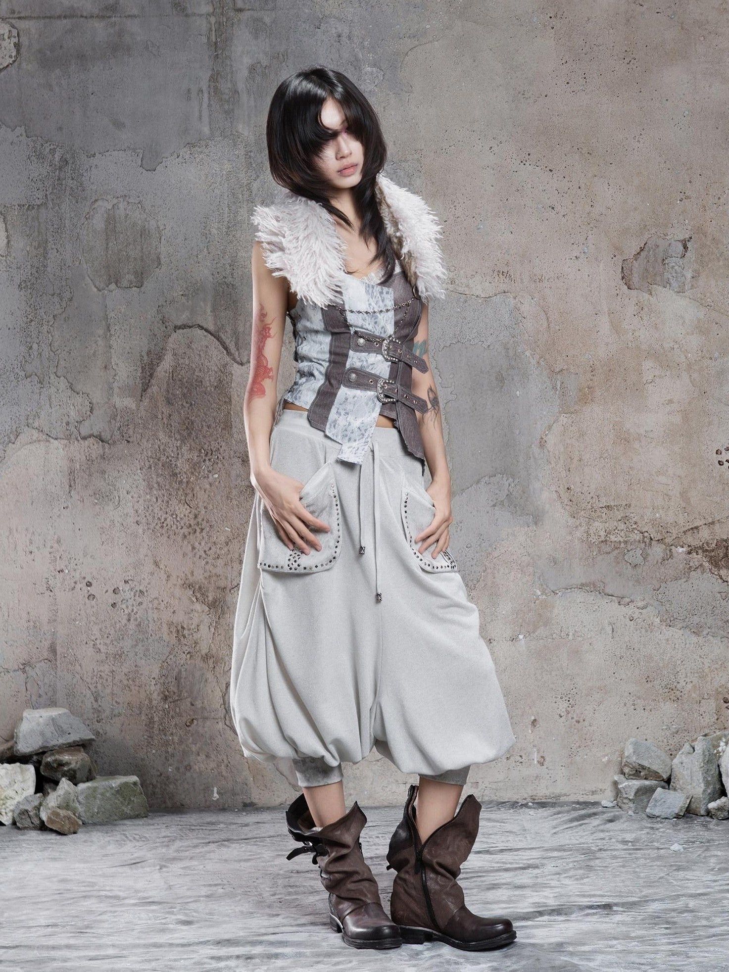 ARIADNAw Light Gray Retro Punk Drop Crotch Big Pocket Rhinestone Women&