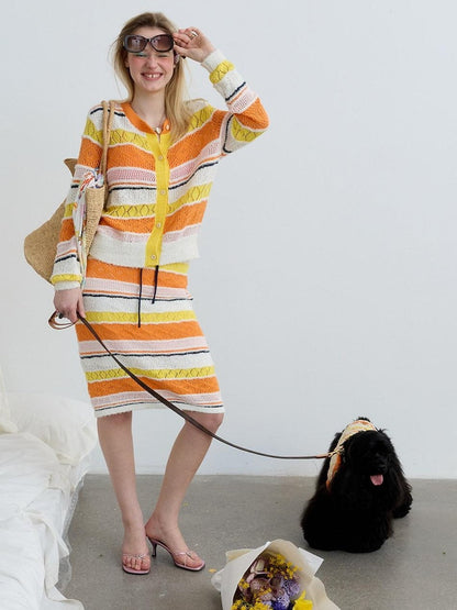 sancco house Colorful Striped Openwork Colorblock Knitted Women&