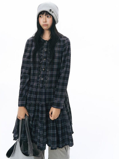 NAPSNAPS Plaid Doll Collar Ruffled Long Sleeve Women&
