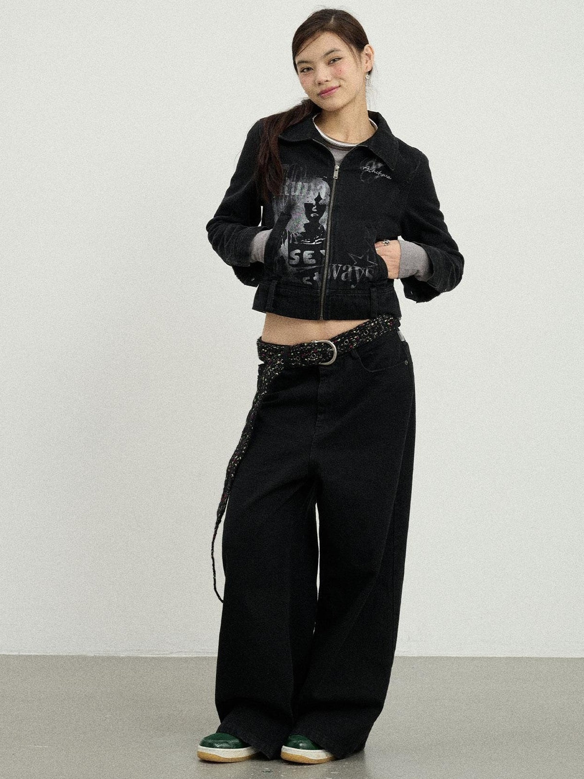 Achihara Print Fleece Lined Stand Collar Cotton Denim Women&