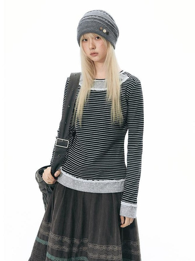 NAPSNAPS Lace Trim Striped Mock Layer Round Neck Knit Women&