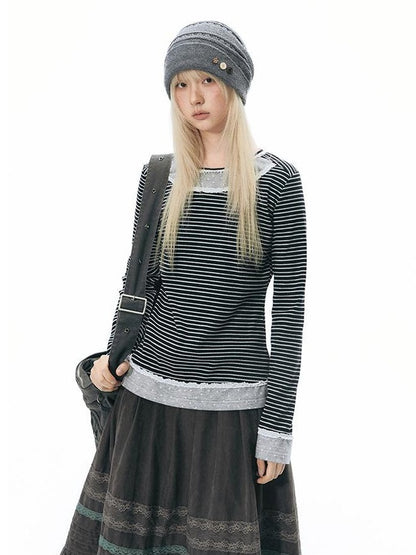 NAPSNAPS Lace Trim Striped Mock Layer Round Neck Knit Women&